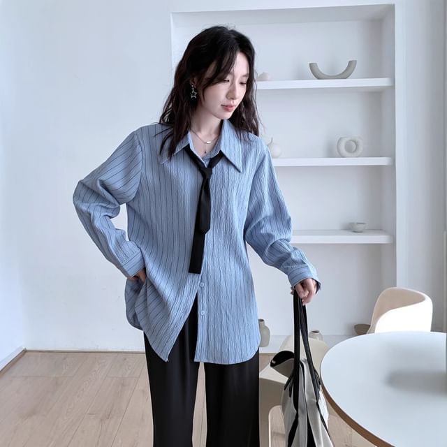 Striped Button-Up Shirt with Necktie Set
