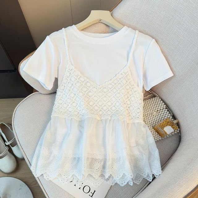 Crew Neck Tee & Spaghetti Strap Knit Camisole Set