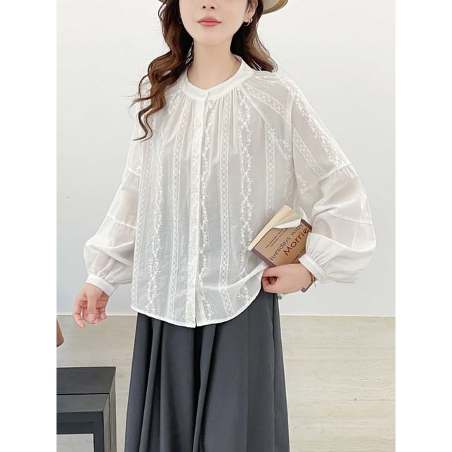 Long-Sleeve Collarless Lace Shirt