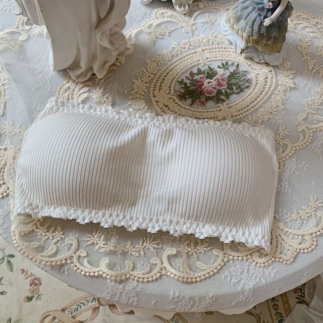 Plain Lace Trim Ribbed Bandeau Bra Top