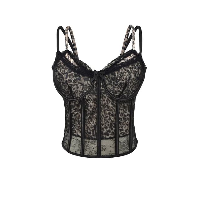 Mock Two-Piece Leopard Print Lace Panel Crop Corset Top