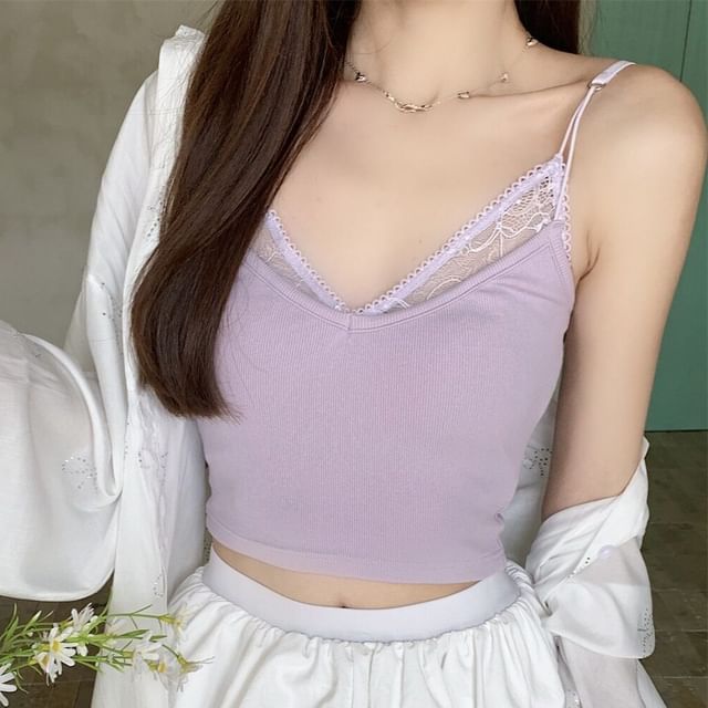 V-Neck Plain Mock Two Piece Panel Lace Crop Camisole Top