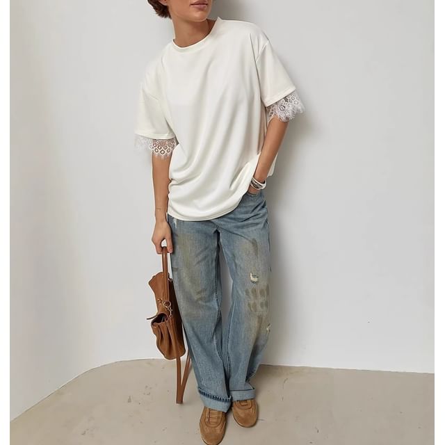 Short Sleeve Crew Neck Plain Lace Panel Loose-Fit T-Shirt