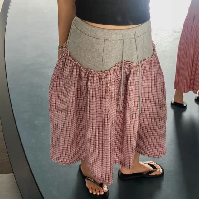 High Waist Color Block Checked Panel Midi A-Line Skirt