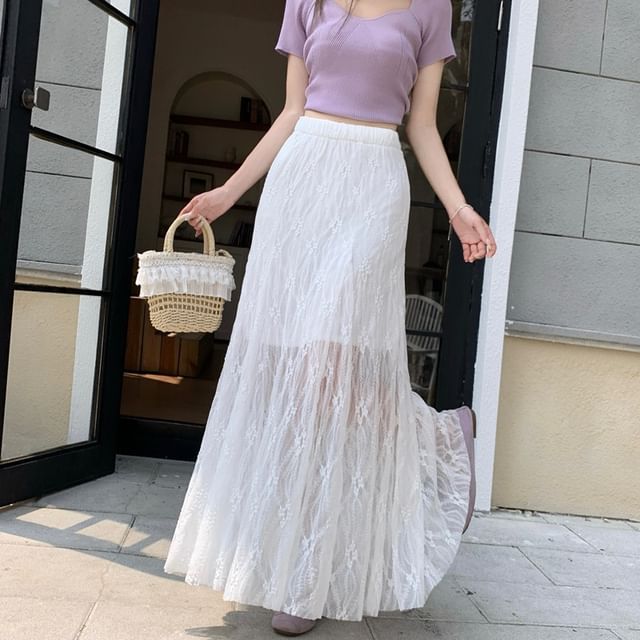 High Waist Plain Lace Maxi Mermaid Skirt
