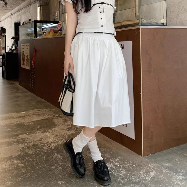 Set: High Waist Plain Gathered Midi A-Line Skirt + Belt