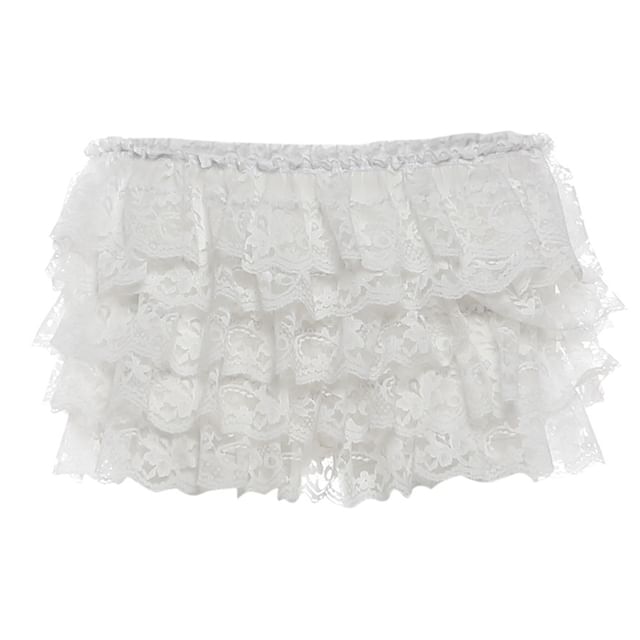 V-Neck Lace Panel Buttoned Crop Camisole Top / Low Rise Tiered Mini A-Line Skort
