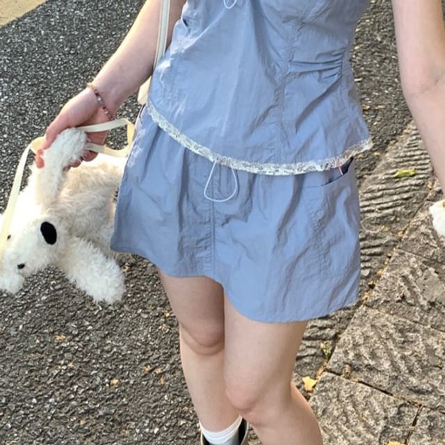Spaghetti Strap V-Neck Plain Ruffle Trim Camisole Top / Drawstring Waist Plain Mini A-Line Skirt