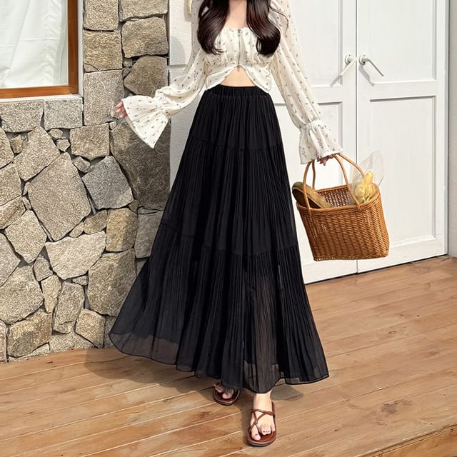 High Waist Plain Accordion Pleated Maxi A-Line Skirt