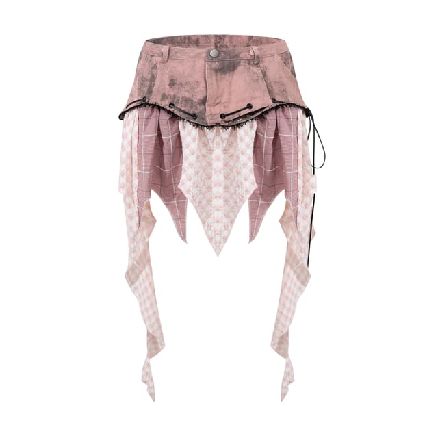 Low Waist Plaid Panel Asymmetrical Mini Skirt