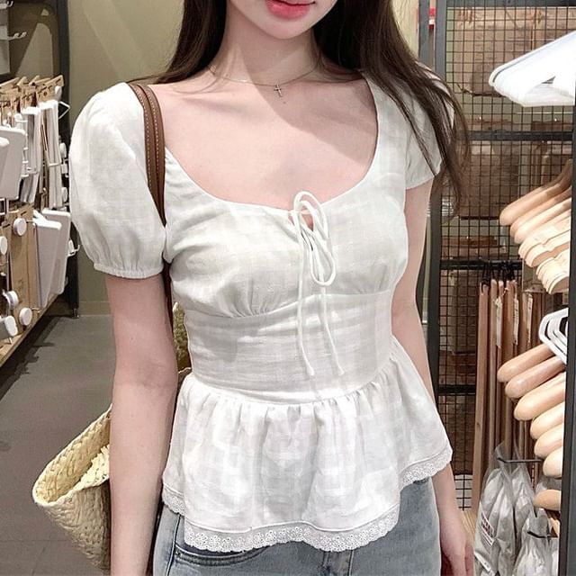 Puff-Sleeve Scoop Neck Plaid Lace Trim Peplum Blouse