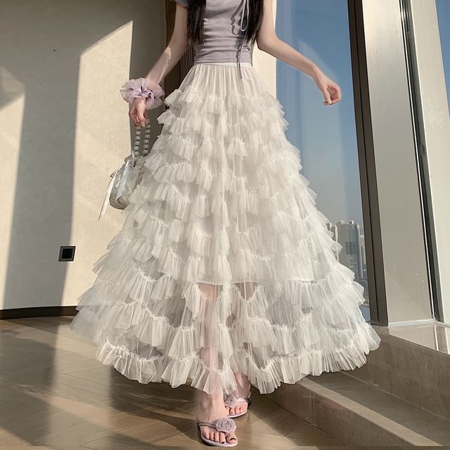 Mid Rise Plain Tiered Maxi A-Line Skirt