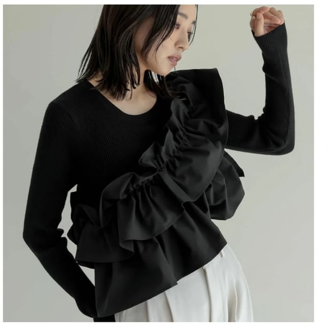 Ruffle Trim Round Knit Top