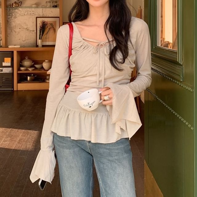 Halter Ruffle Hem Long Sleeve Tee
