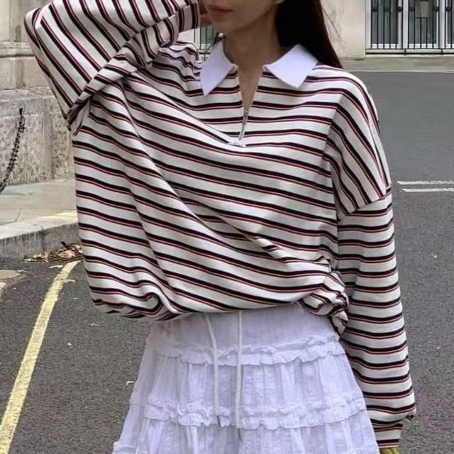 Striped Contrast Collar Half-Zip Pullover