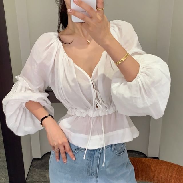 Frilled Long-Sleeve Tie-Front Blouse