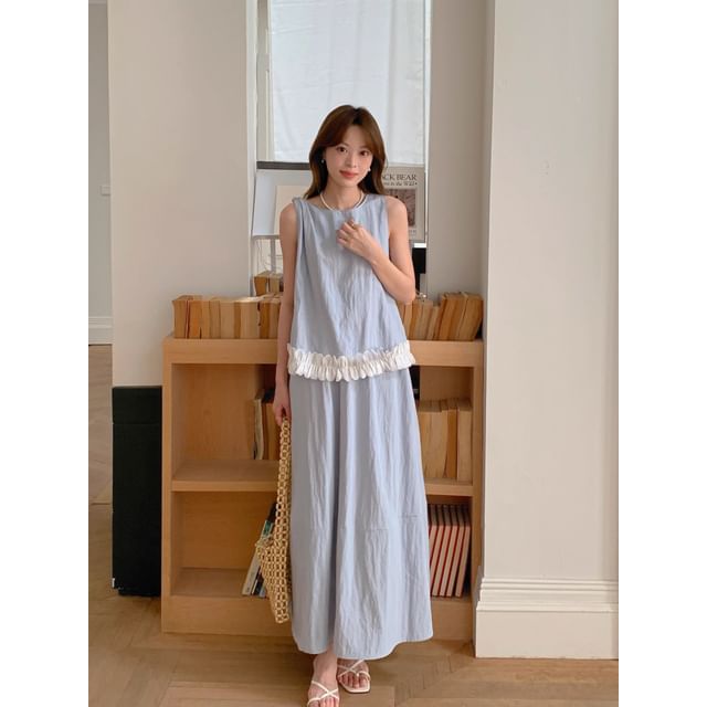 Set: Sleeveless Round Neck Plain Ruffle Trim Top + Mid Rise Maxi A-Line Skirt