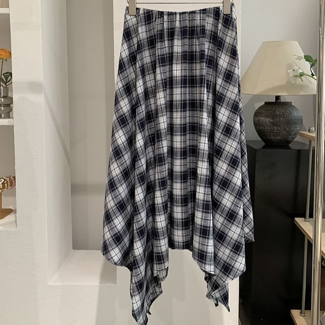 Mid Rise Tartan Check Asymmetrical Midi A-Line Skirt