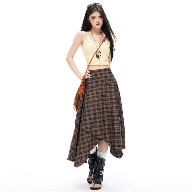 High Waist Plain Asymmetrical Midi A-Line Skirt