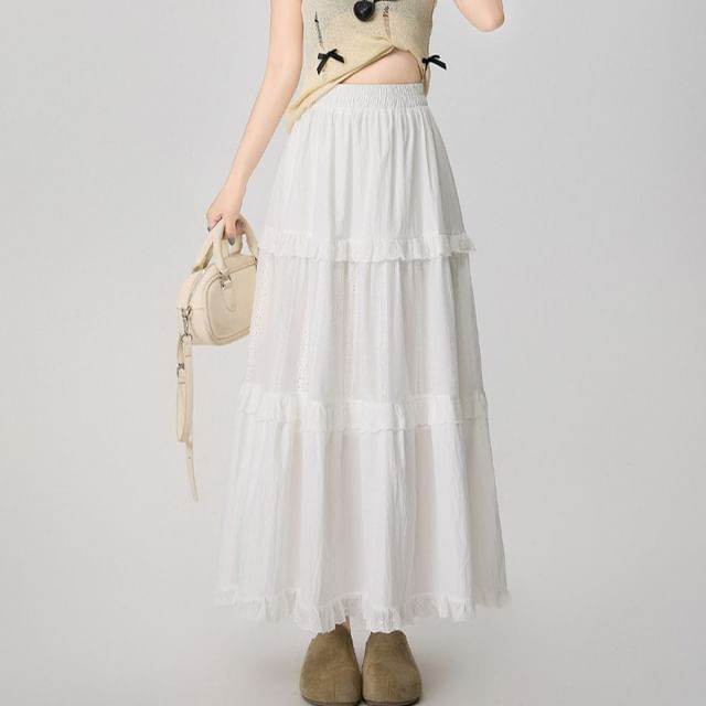 High Waist Plain Lace Trim Tiered Maxi A-Line Skirt