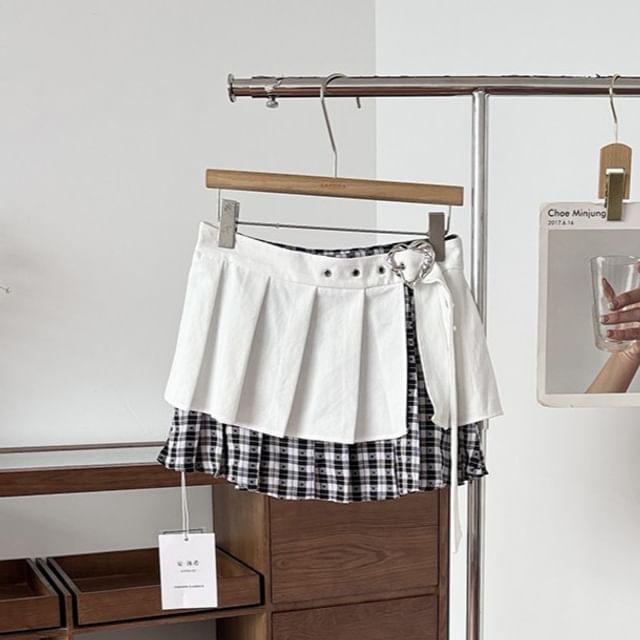 Low Waist Plaid Panel Mini Pleated Skirt