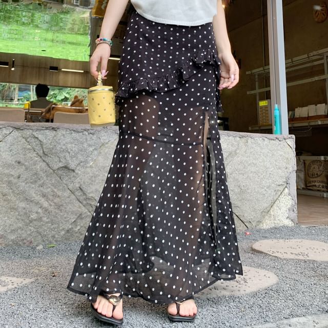 High Waist Ruffle Side-Slit Maxi A-Line Skirt