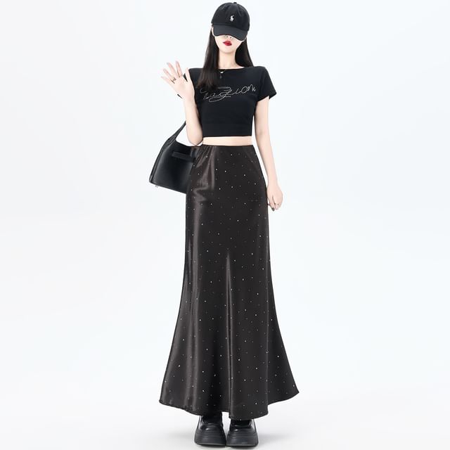 High Waist Rhinestone Mermaid Maxi Skirt