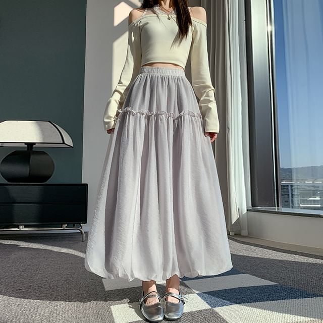 Elastic Waist Plain Ruffle Trim Maxi A-Line Skirt