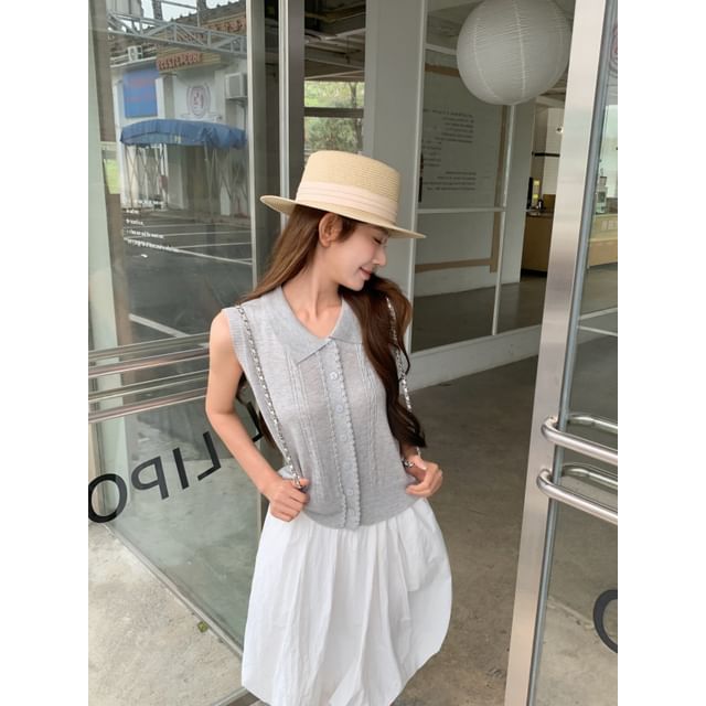 Mid Rise Plain A-Line Skirt / Collar Lace Trim Button-Up Tank Top