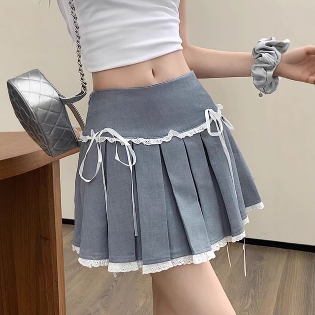 High Waist Lace-Trim Mini Pleated A-Line Skirt