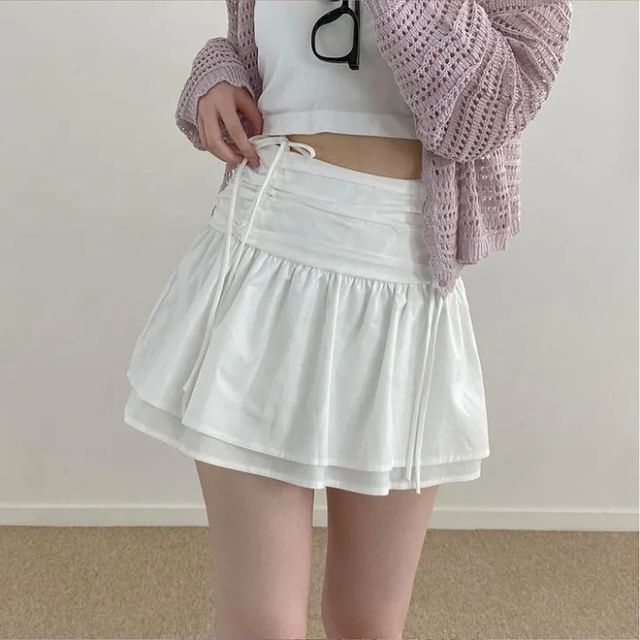 High Waist Plain Ruched Mini Layered A-Line Skirt