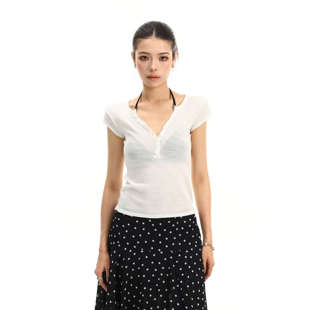 Cap-Sleeve V-Neck Plain Henley T-Shirt