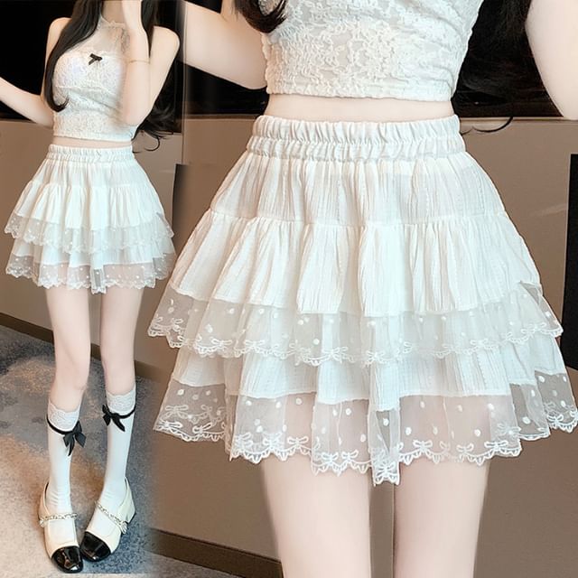 Elastic Waist Dotted Ruffle Panel Mesh Mini A-Line Skirt