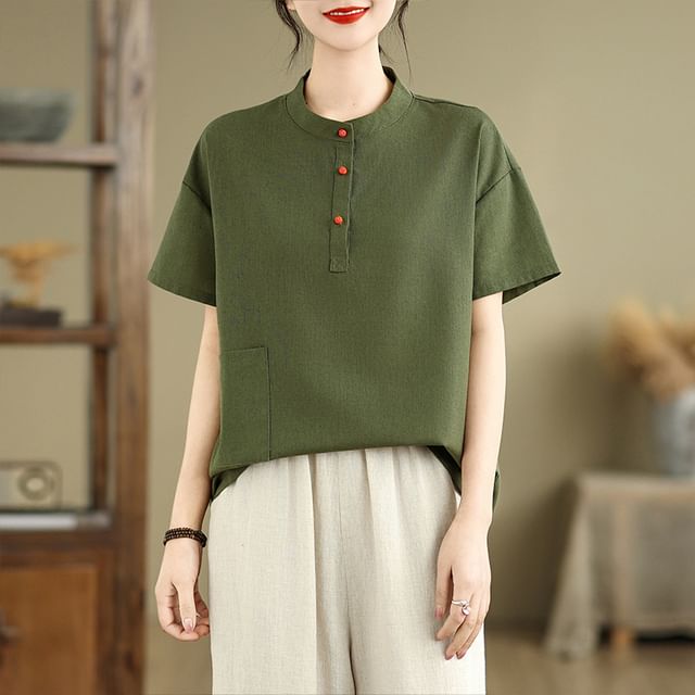 Short-Sleeve Henley Plain T-Shirt
