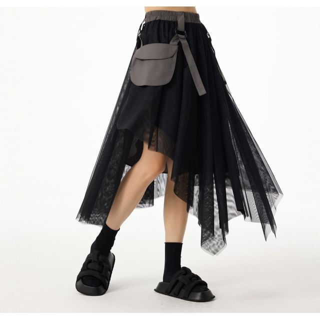 Elastic Waist Asymmetrical Flap Pocket Panel Mesh Midi A-Line Skirt