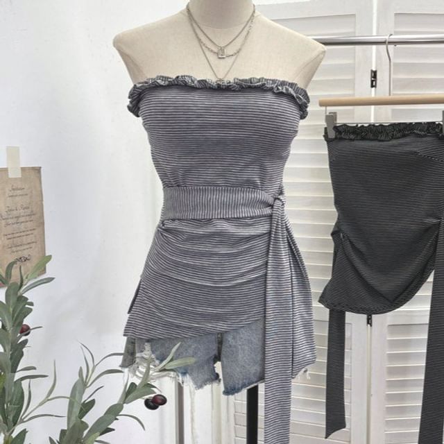 Striped Ruffle Asymmetrical Padded Tube Top
