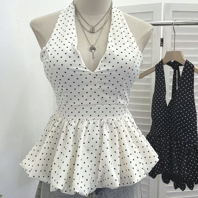 Halter Dotted Peplum Padded Top