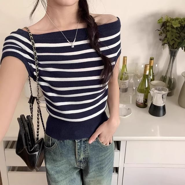 Striped Off Shoulder Short Sleeve Knit Top