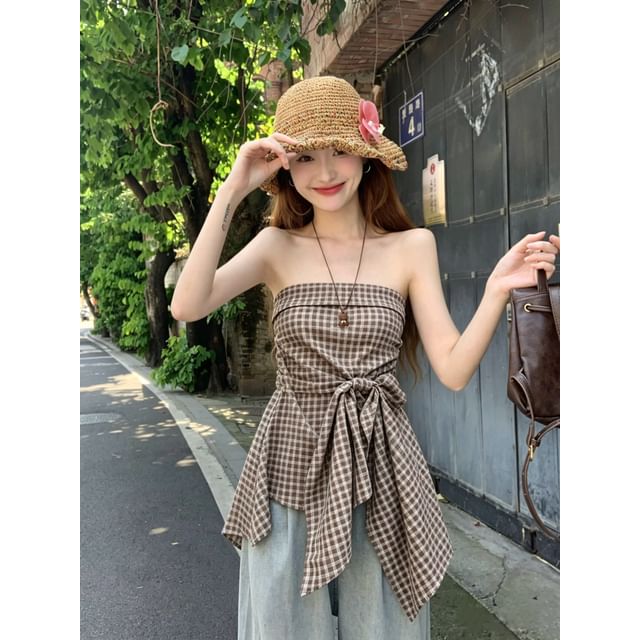 Plaid Tube Top with Asymmetrical Tie Waist