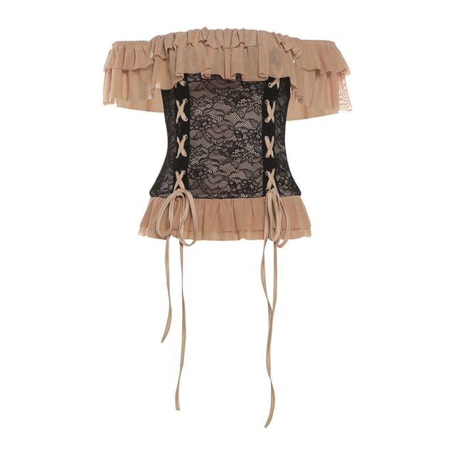 Off-Shoulder Ruffle Trim Lace Crop Top / High Waist Plain Layered High Low Pencil Skirt