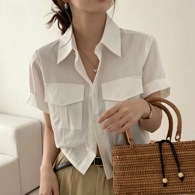 Collared Button Up Crop Shirt Short Sleeve
