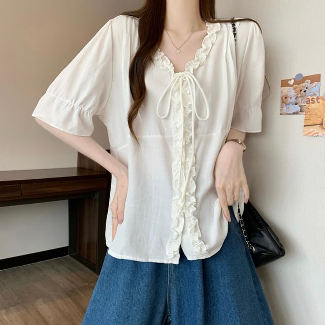 Frill Trim V-Neck Blouse Elbow-Sleeve Button