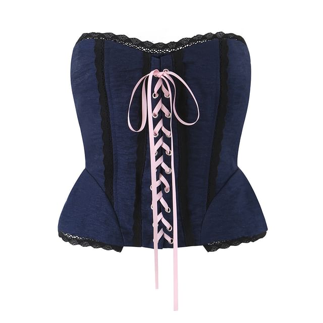 Lace-Up Corset Crop Tube Top with Lace Trim