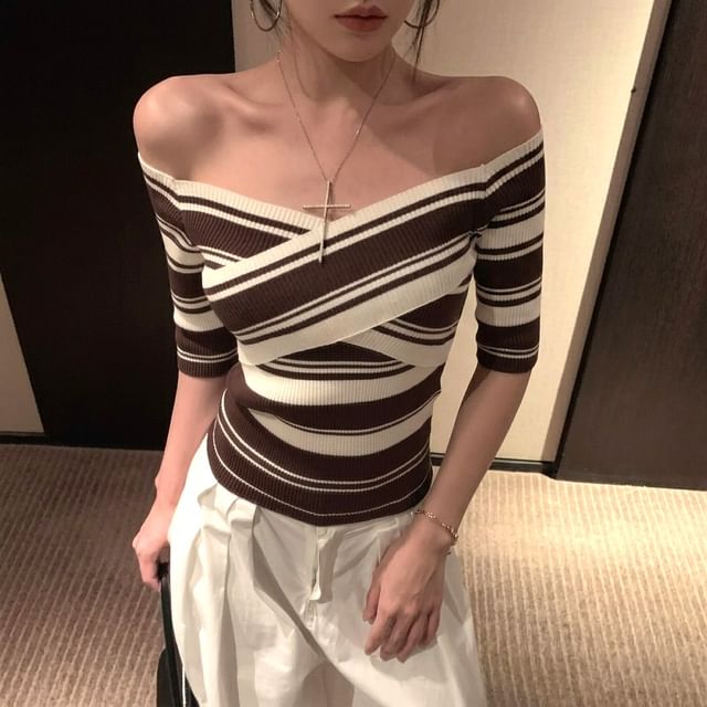 Off Shoulder Striped Knit Short Sleeve Top