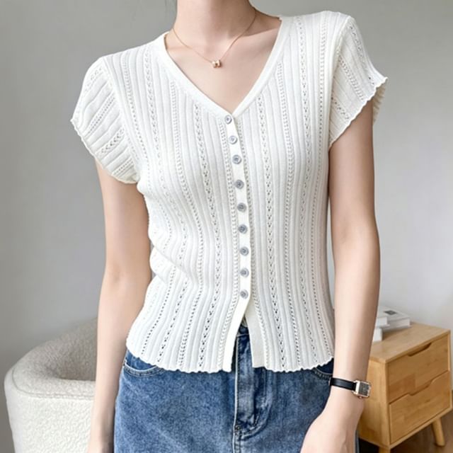 Eyelet Button-Up Cap Sleeve Top