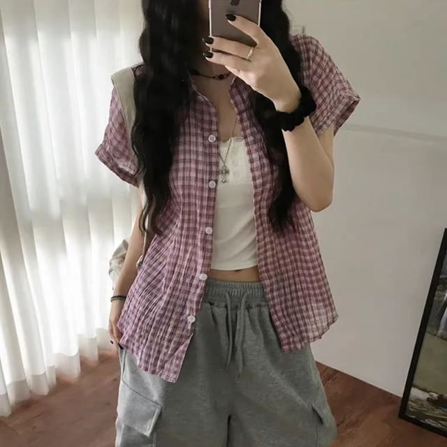 Short Sleeve Plaid Slim-Fit Shirt