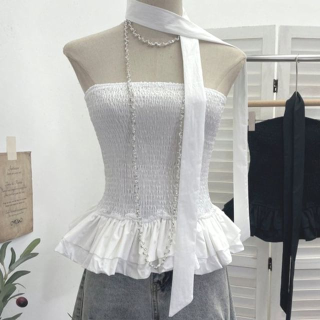Smocked Ruffle Hem Crop Tube Top & Scarf Set