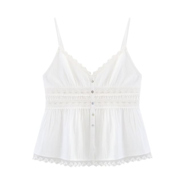 V-Neck Lace Panel Button-Up Crop Camisole Top