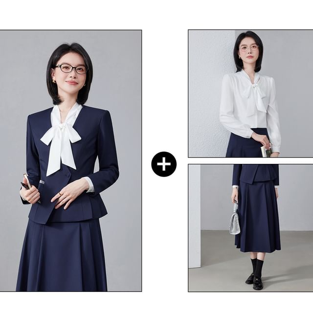 Tie-Neck Blouse, Asymmetric Blazer & High-Waisted Pleated Skirt Set