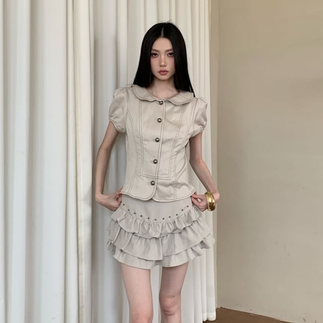 Peter Pan Collar Crop Top & Tiered Mini Skirt Set